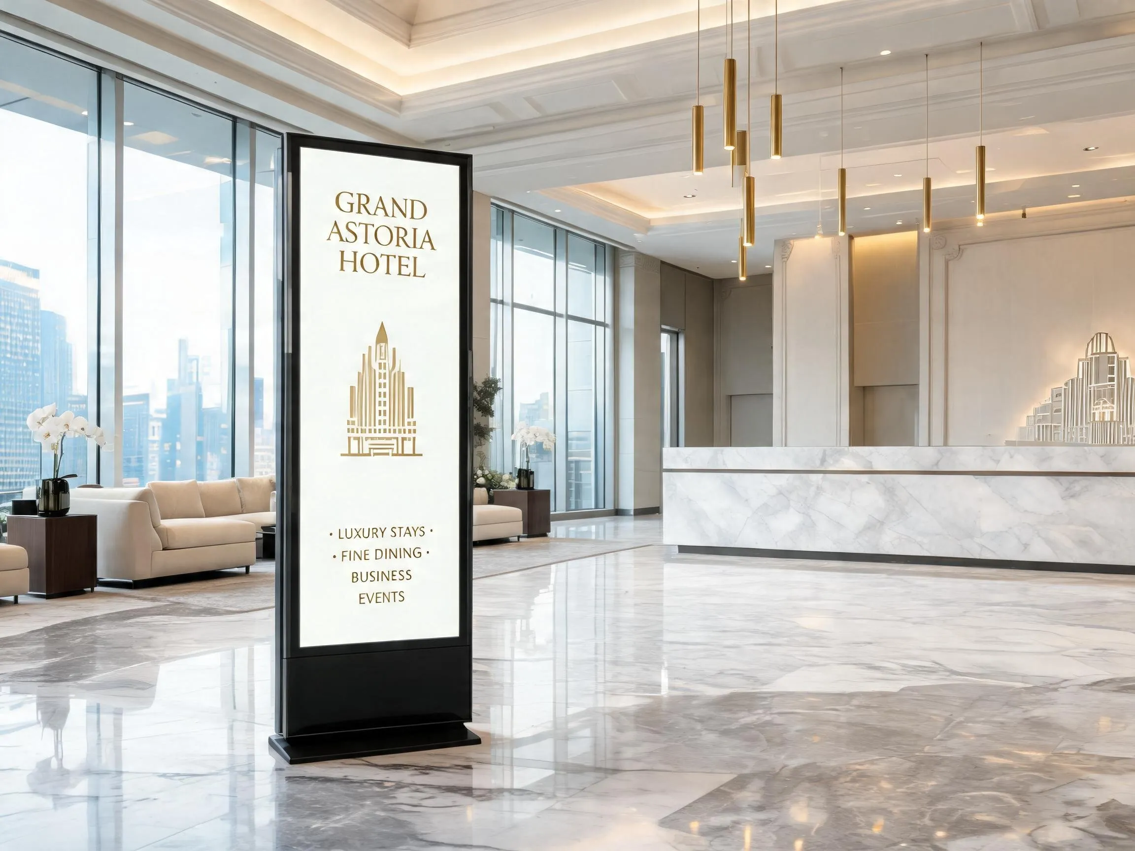 Digital standee displaying promotional content in a modern hotel corporate lobby