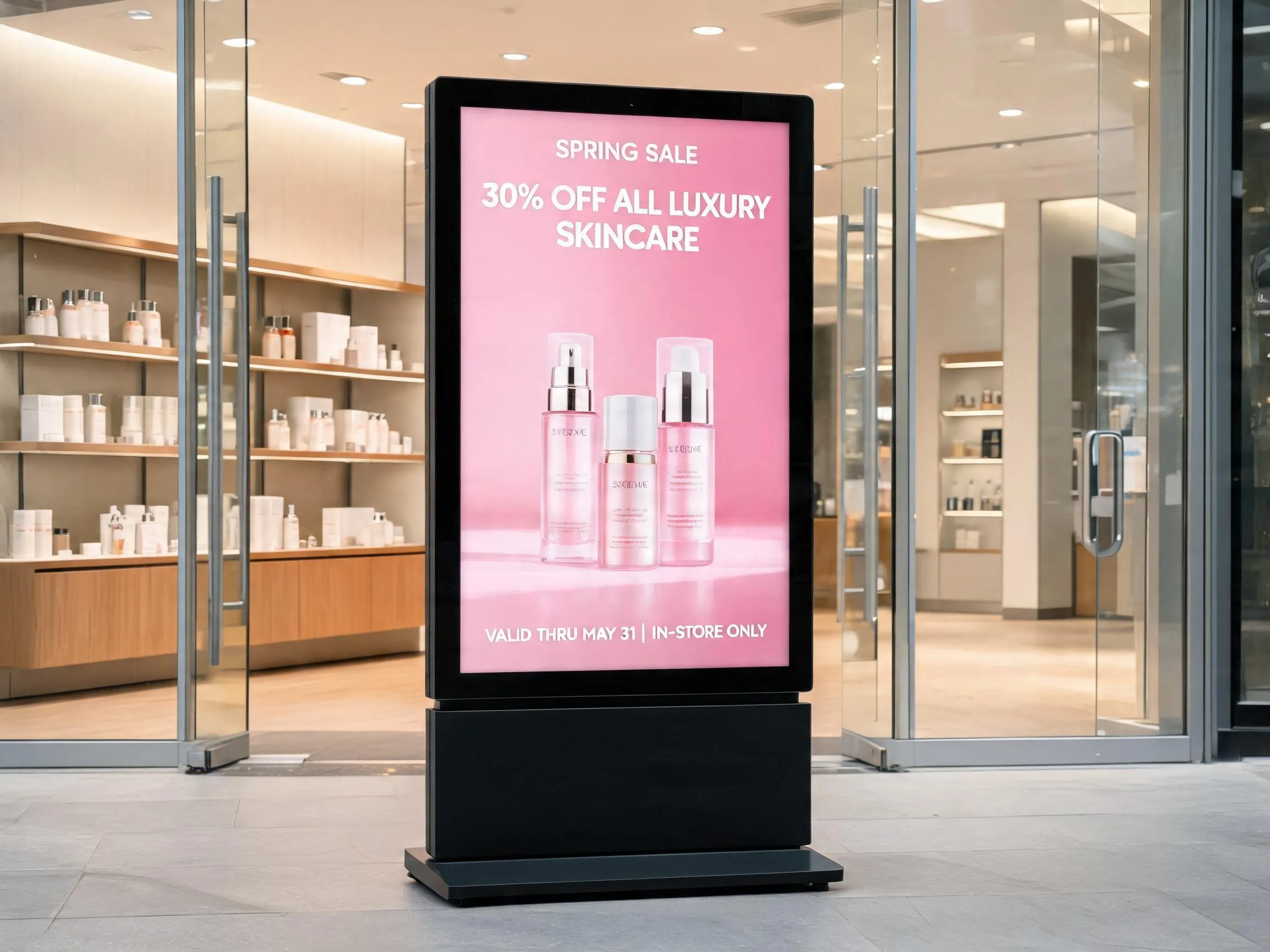 Digital standee displaying retail promotions at a modern store entrance