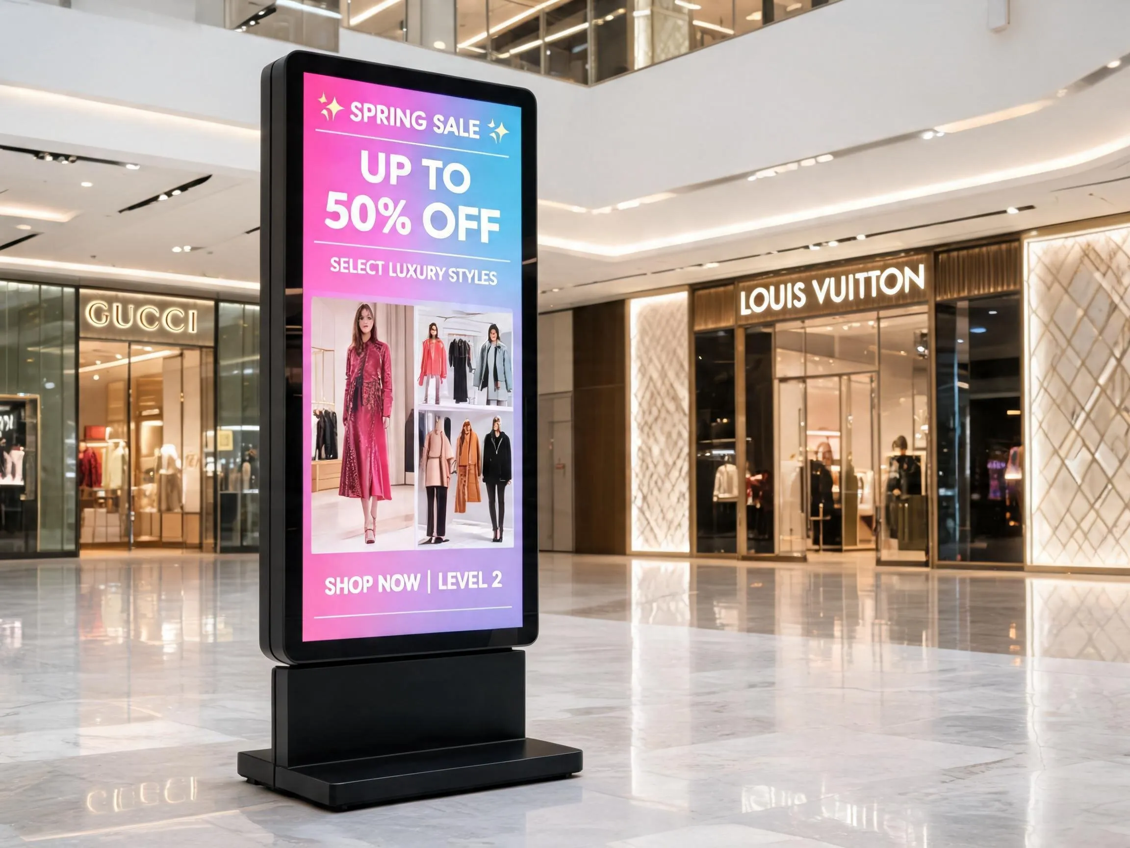 Digital signage standee displaying promotional content in a modern shopping mall